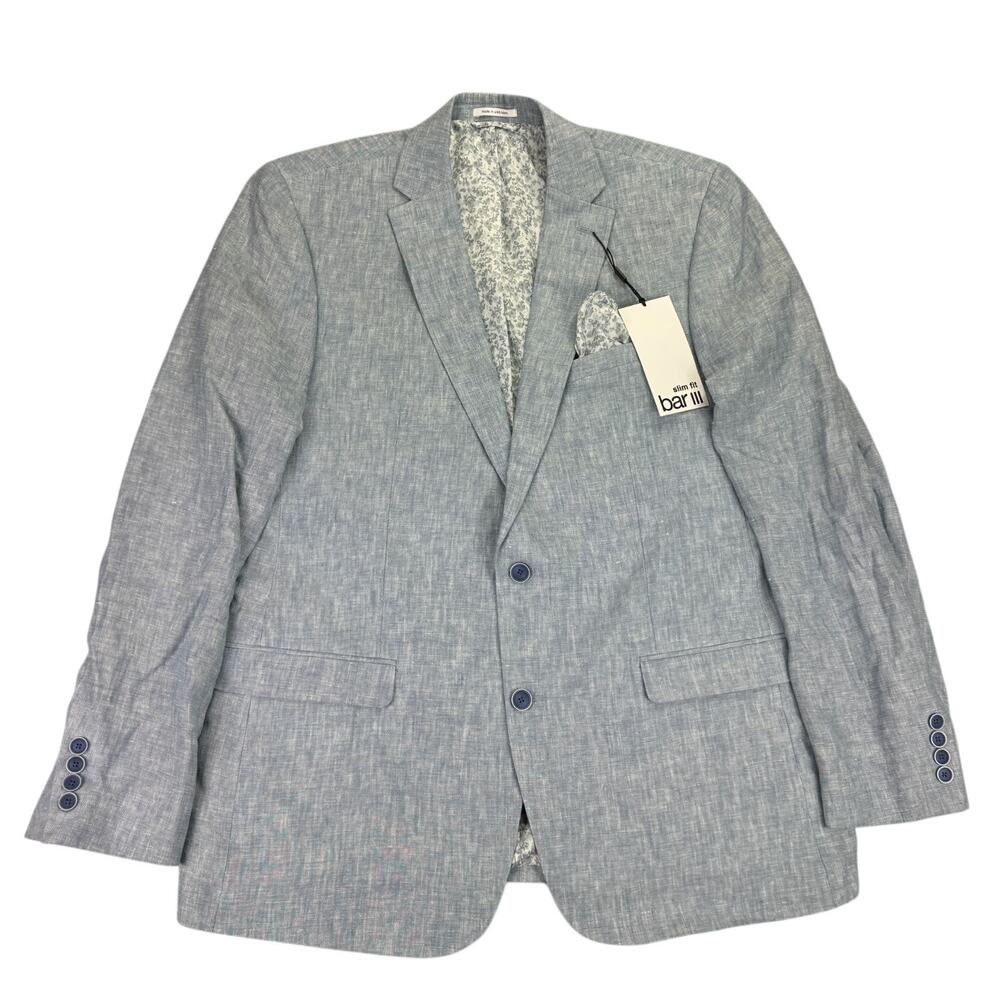 Bar III Mens Slim Fit 100% Linen Solid Suit Jacket Blue 44L